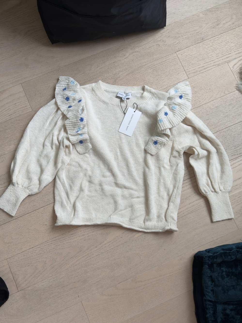 RARE Something Navy Cream Knit Sweater with Blue Embroidered Ruffles